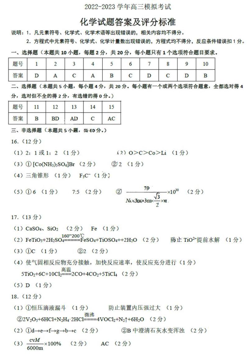 2023届山东省淄博市高三高考一模化学试题及答案01