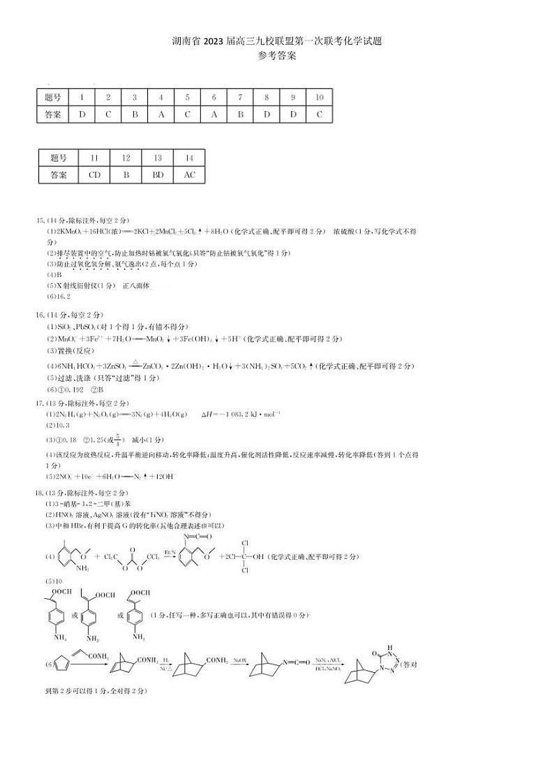 2023届湖南省高三上学期九校联盟第一次联考化学试卷 PDF版01