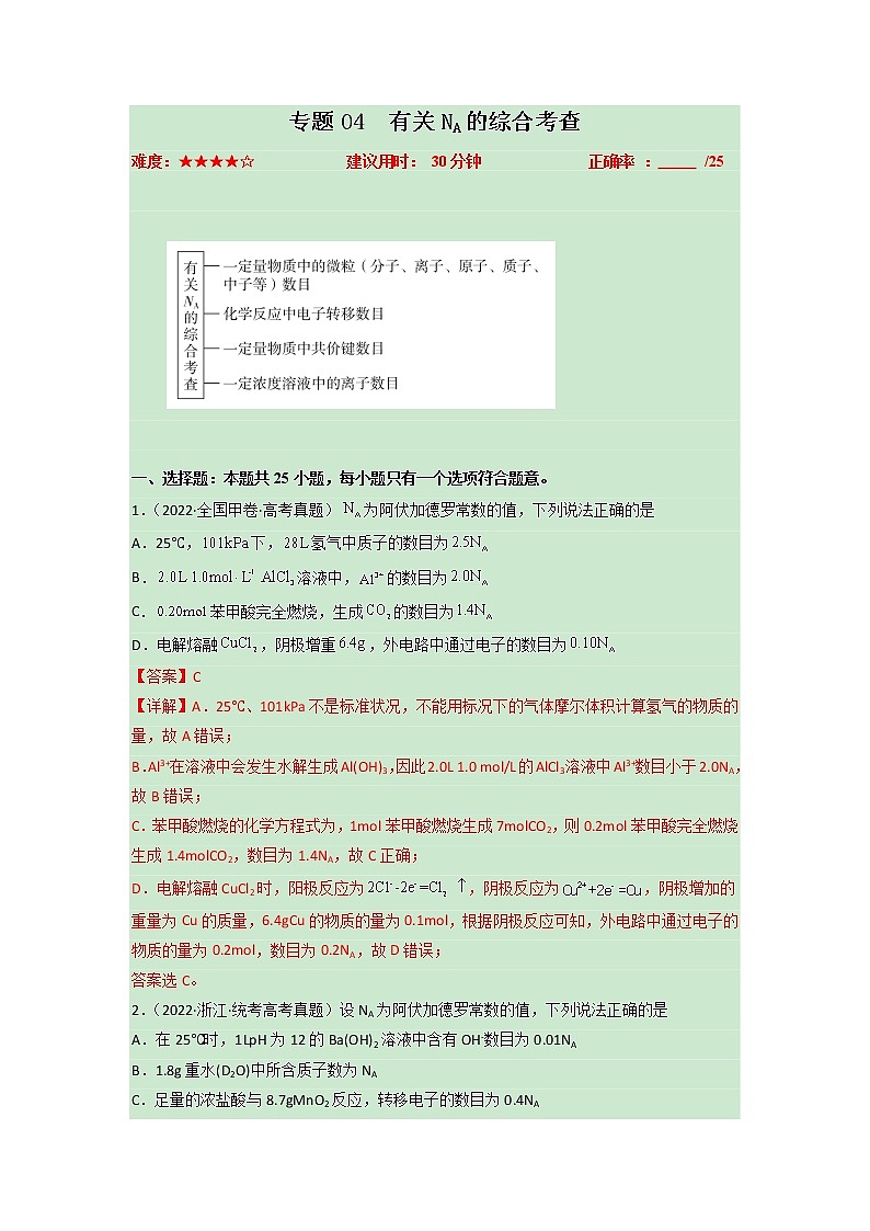 卷04 有关NA的综合考查——【备考2023】高考化学小题集训(全国通用)(解析版)第1页