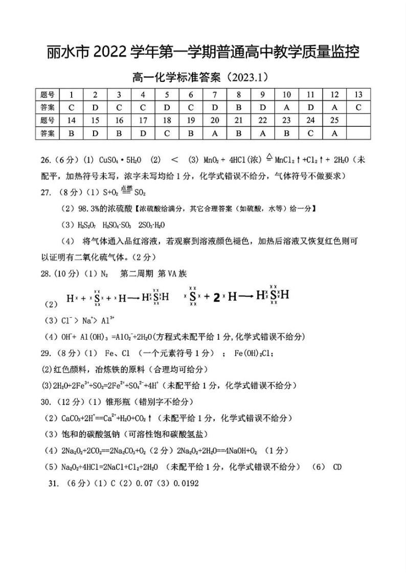 浙江省丽水市2022学年第一学期普通高中教学质量监控高一化学卷（PDF版，含答案）01