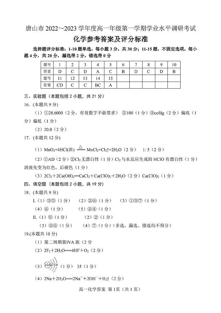 河北省唐山市2022-2023学年高一上学期期末学业水平调研考试化学试题(PDF版含答案)01