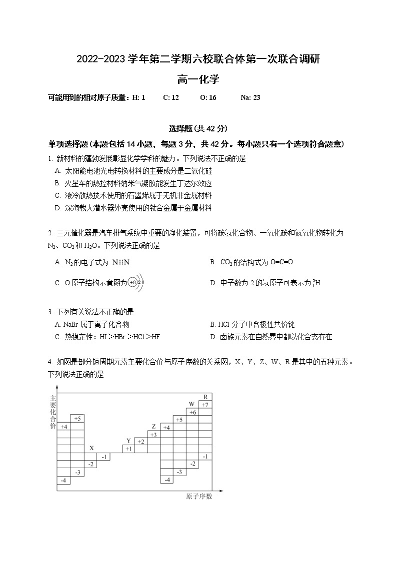 江苏省南京市六校联合体2022-2023学年高一下学期3月联考化学试题  Word版01