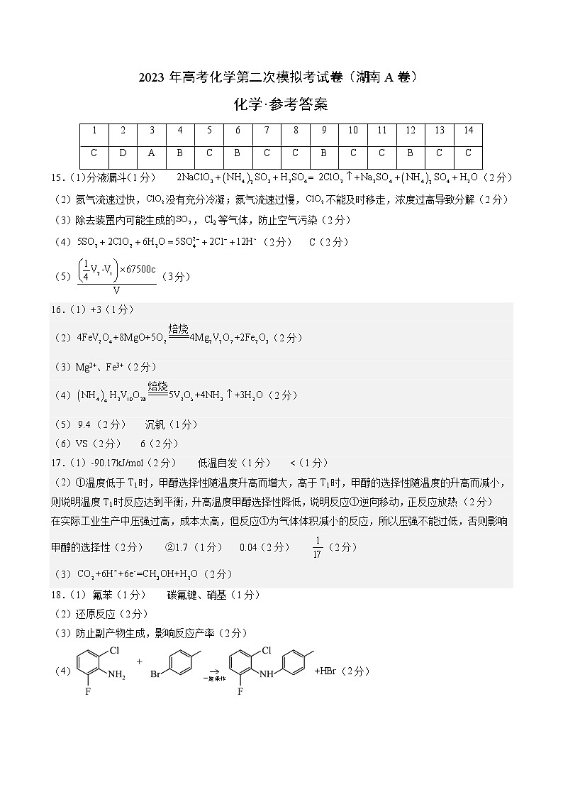 2023年高考第二次模拟考试卷-化学(湖南A卷)(参考答案)第1页