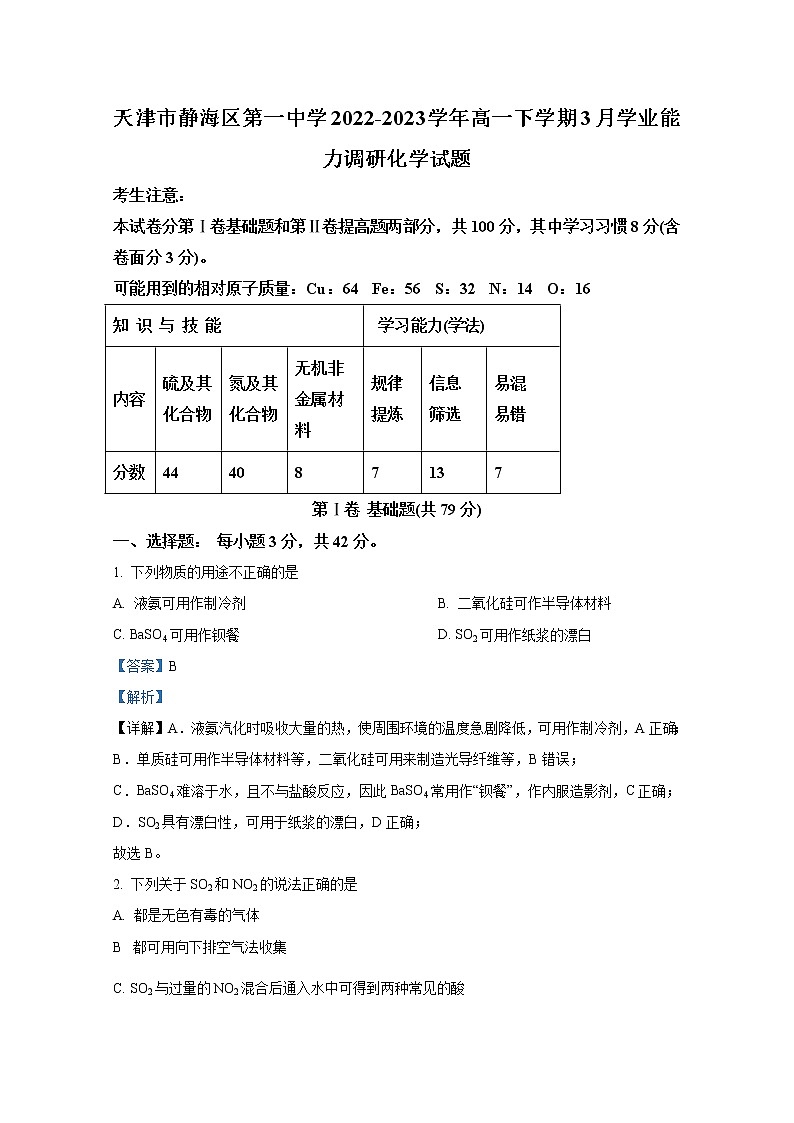 天津市静海区第一中学2022-2023学年高一化学下学期3月学业能力调研试题(Word版附解析)第1页