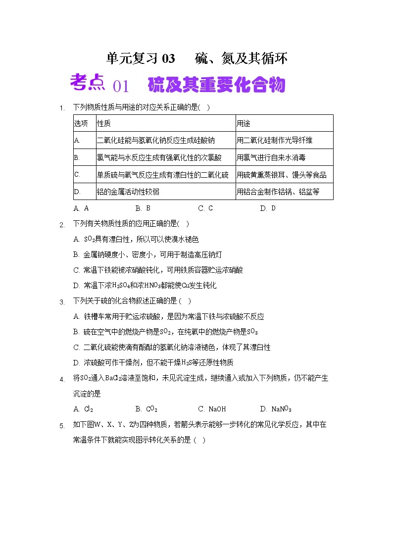 单元复习03 硫、氮及其循环【过习题】-2022-2023学年高一化学上学期单元复习（沪科版2020必修第一册）01