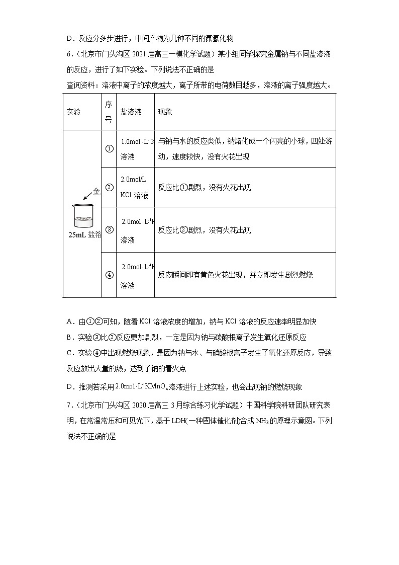 北京市海淀区、门头沟区、房山区高考化学三年(2020-2022)模拟题分类汇编-10氮族元素及其化合03
