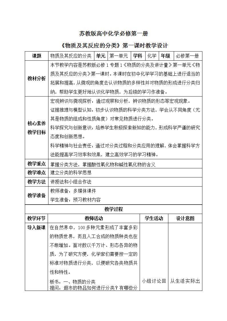 【核心素养】苏教版高中化学必修一 专题一 第一单元 《物质及其反应的分类》第一课时物质的分类 课件+教案+练习01