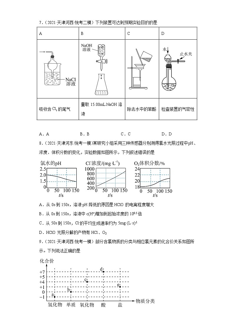 天津高考化学三年(2020-2022)模拟题分类汇编-13卤素及其化合物(2)03