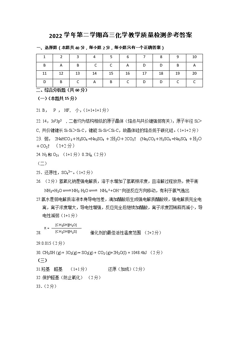 2023年上海市嘉定区高考二模化学答案第1页