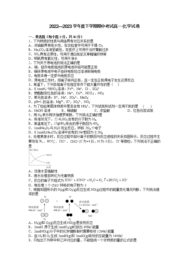 江西省大余中学2022-2023学年高一下学期4月期中化学试题01