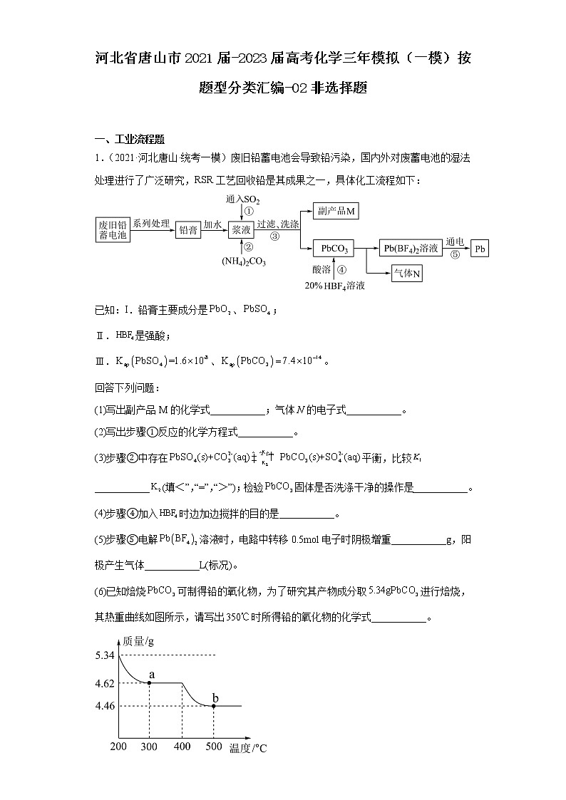 河北省唐山市2021届-2023届高考化学三年模拟(一模)按题型分类汇编-02非选择题第1页