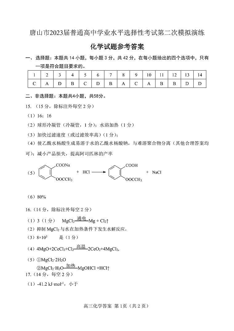 二模化学参考答案第1页