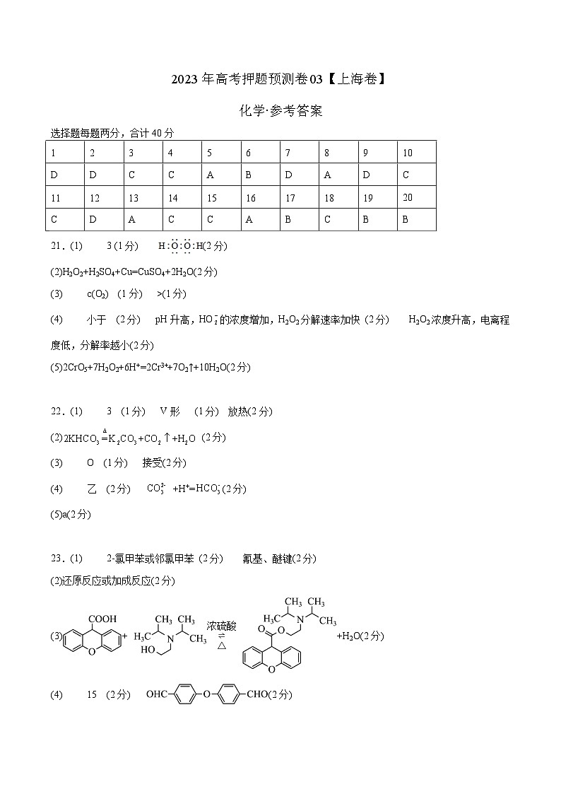 2023年高考押题预测卷03(上海卷)-化学(参考答案)第1页