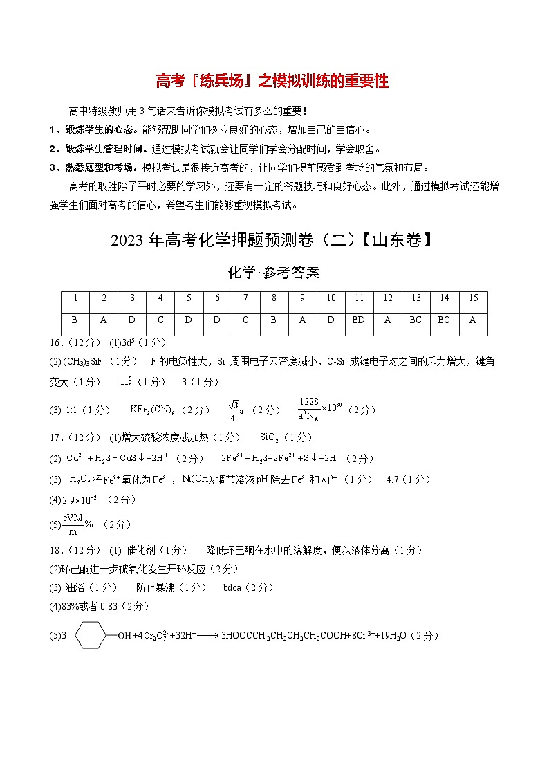 2023年高考押题预测卷02(山东卷)-化学(参考答案)第1页
