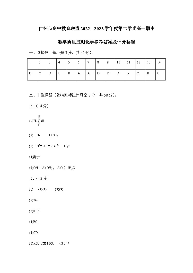 仁怀市高中教育联盟2022—2023学年度第二学期高一期中教学质量监测化学 参考答案及评分标准第1页