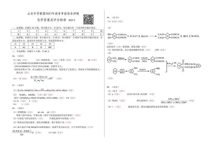 山东中学联盟2023年高考考前热身押题 化学评分标准和解析第1页
