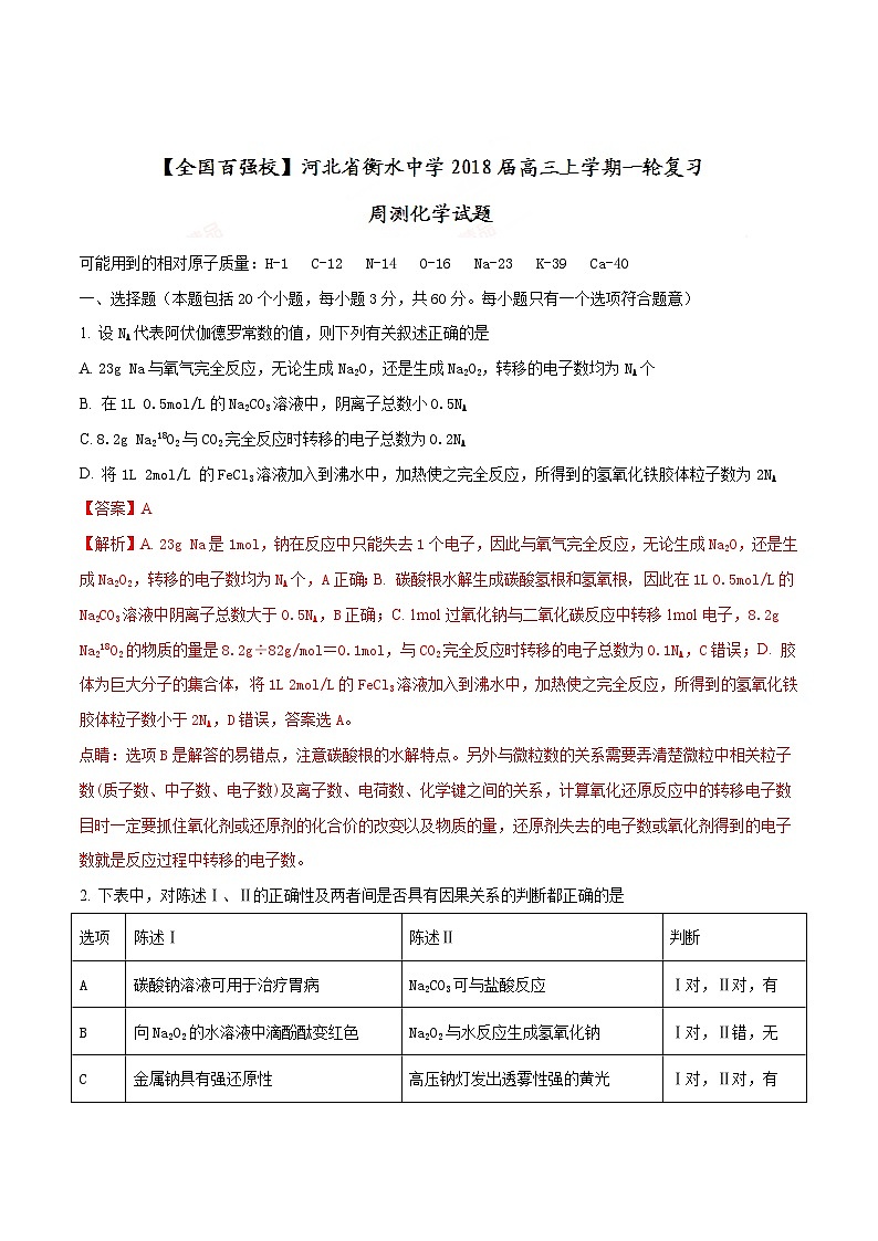 精品解析:【全国百强校】河北省衡水中学2018届高三上学期一轮复习周测化学试题(解析版)第1页