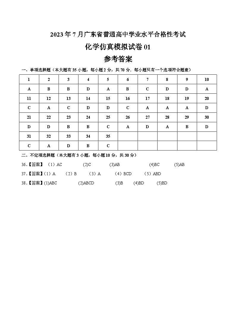 2023年7月广东省普通高中学业水平合格性考试化学模拟卷01(参考答案)第1页