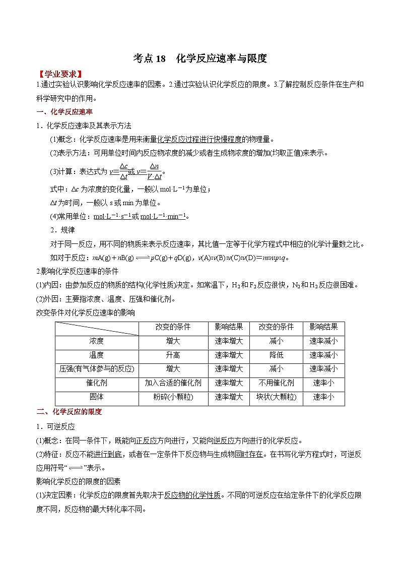 考点18 化学反应速率与限度 ——2023年江苏省普通高中化学学业水平合格性考试专项精讲+测试01