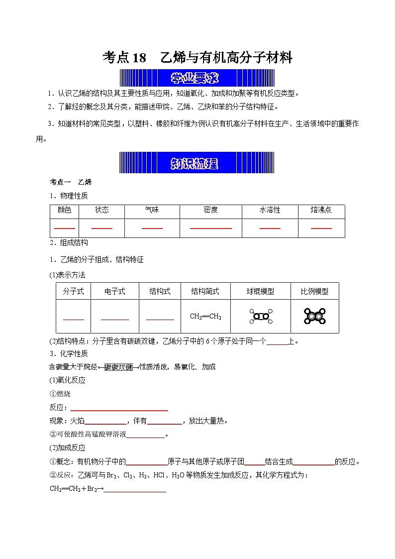考点18 乙烯与有机高分子材料(考点归纳)——2023年高中化学学业水平考试专项精讲+测试(人教版2019必修1+必修2)01
