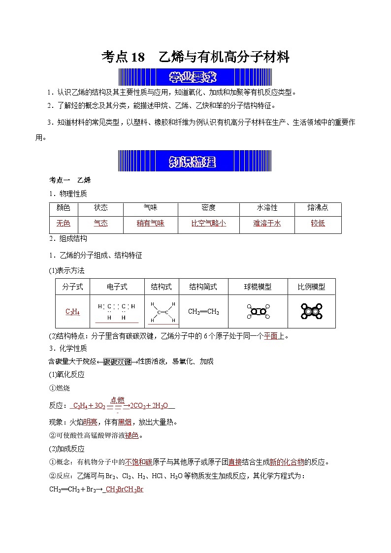 考点18 乙烯与有机高分子材料(考点归纳)——2023年高中化学学业水平考试专项精讲+测试(人教版2019必修1+必修2)01