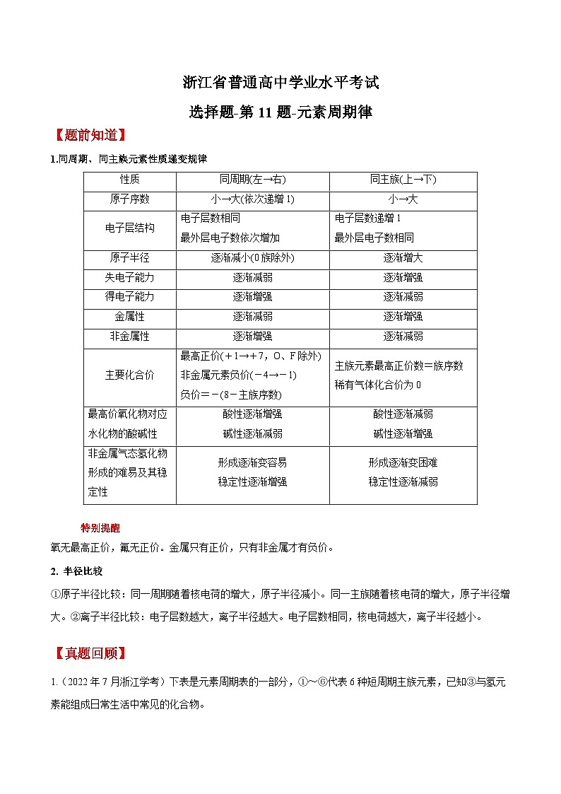 第11题 元素周期律——2023年7月浙江省普通高中学业水平考试专项复习学案(原卷版)第1页