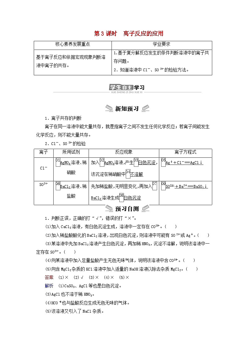 新教材2023年高中化学第2章元素与物质世界第2节电解质的电离离子反应第3课时离子反应的应用导学案鲁科版必修第一册01