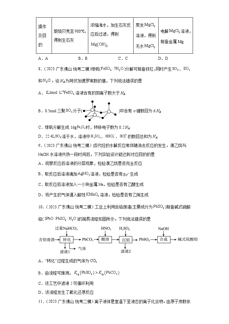 广东省佛山市2021届-2023届高考化学三年模拟（二模）按题型分类汇编-选择题03