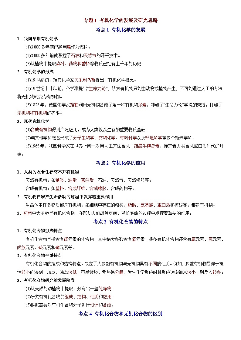 专题1 有机化学的发展及研究思路——【期末复习】高二化学单元复习知识点梳理(苏教版2019选择性必修3)01