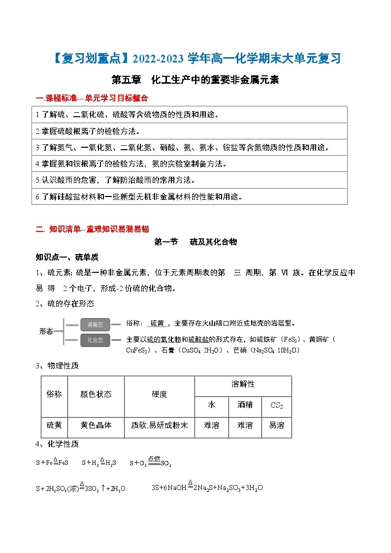 第五章 化工生产中的重要非金属元素——2022-2023学年高一化学期末单元讲解+训练学案+期末模拟卷（人教版2019必修第二册）01