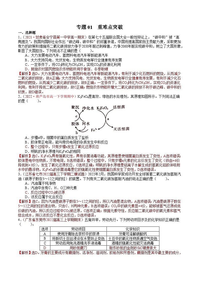 专题01 重难点突破——高一化学下学期期末专项突破学案(鲁科版2019必修第二册)01