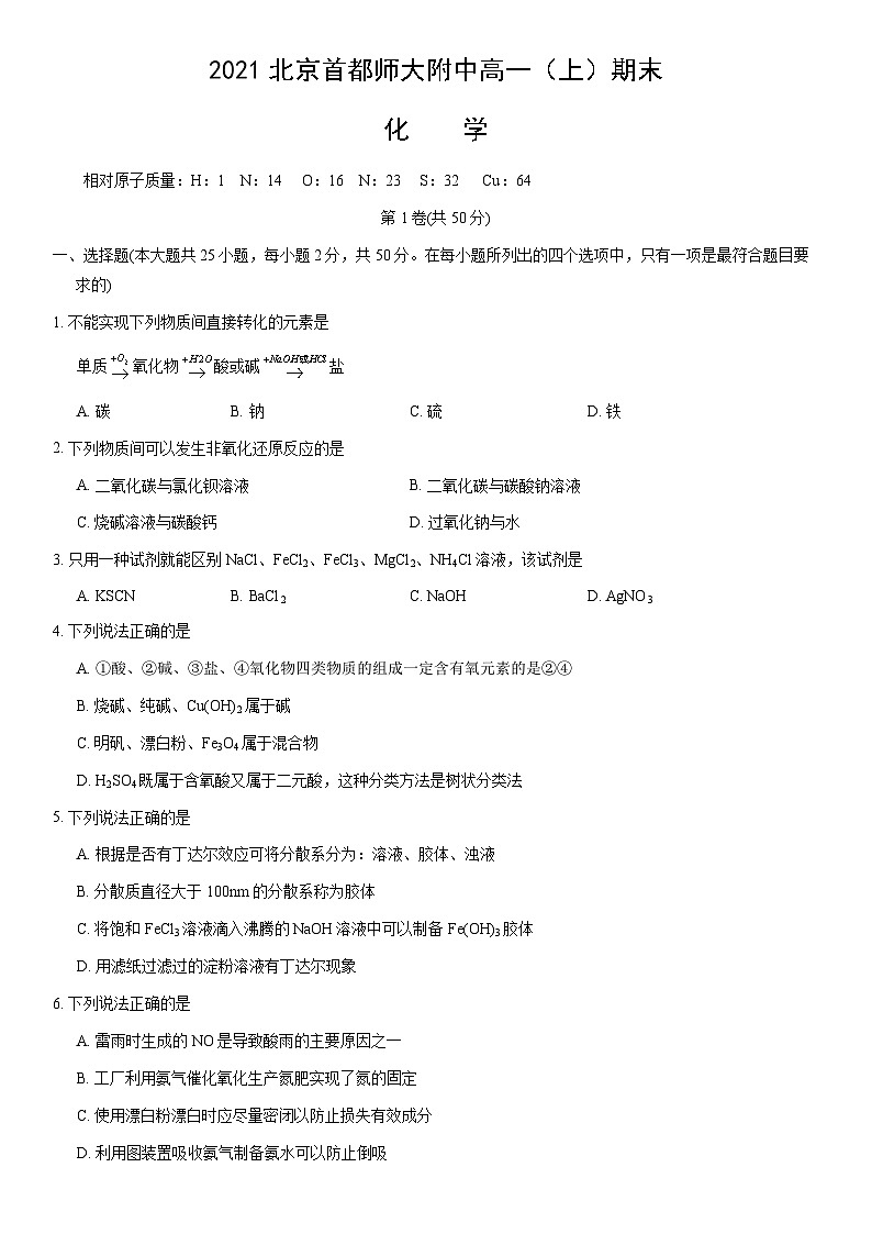 2021北京首都师大附中高一(上)期末化学(教师版)第1页