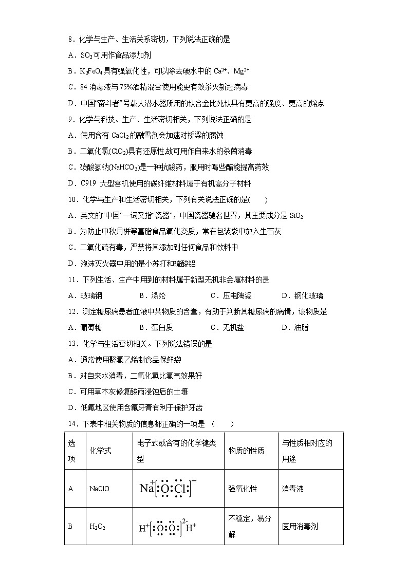 2024届高三化学一轮复习(小题训练)--化学品的合理使用02