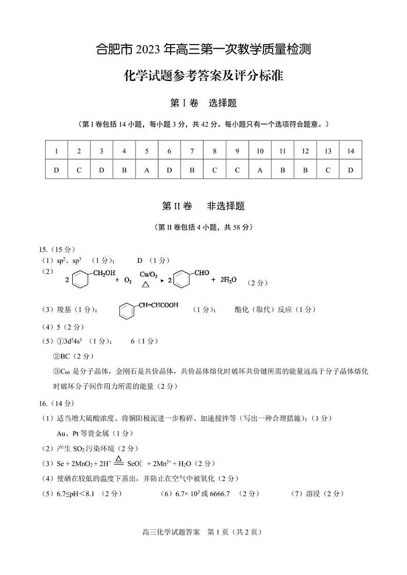 2023年安徽省合肥市高三一模化学试题参考答案第1页