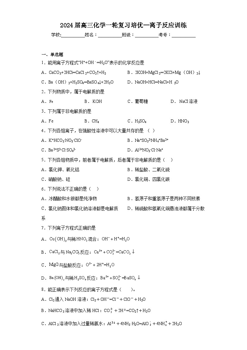 2024届高三化学一轮复习培优--离子反应训练第1页