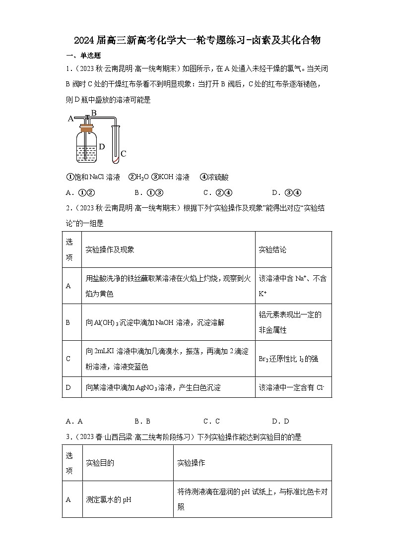 2024届高三新高考化学大一轮专题练习 卤素及其化合物第1页
