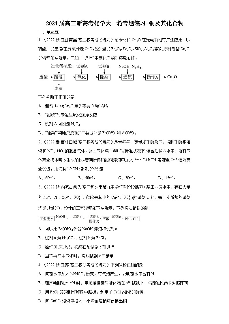 2024届高三新高考化学大一轮专题练习-铜及其化合物第1页