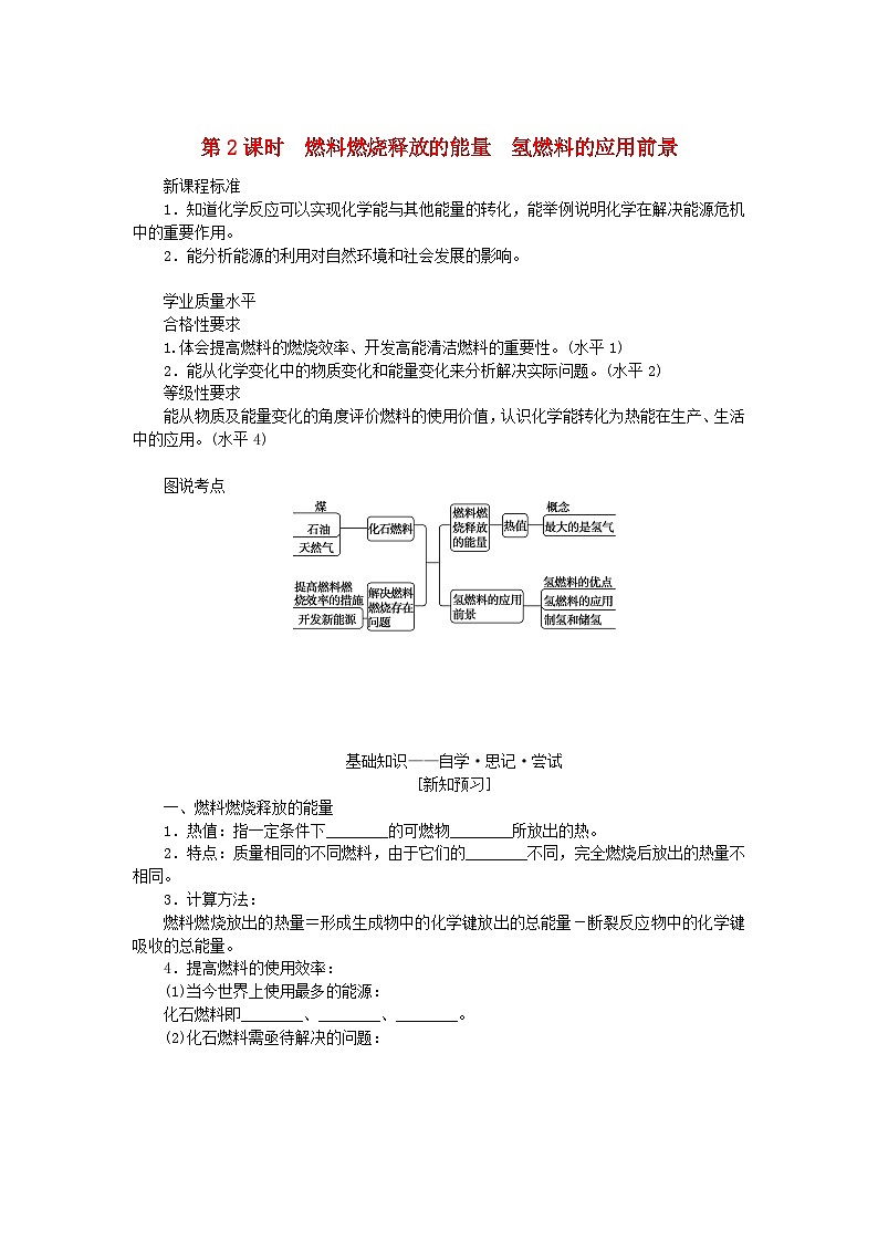 新教材2023版高中化学专题6化学反应与能量变化第二单元化学反应中的热第2课时燃料燃烧释放的能量氢燃料的应用前景学案苏教版必修第二册01