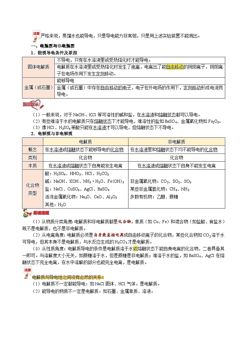 【暑假初升高】人教版化学初三(升高一)暑假预习-第02讲 电解质的电离——电解质与非电解质 强弱电解质 讲学案02