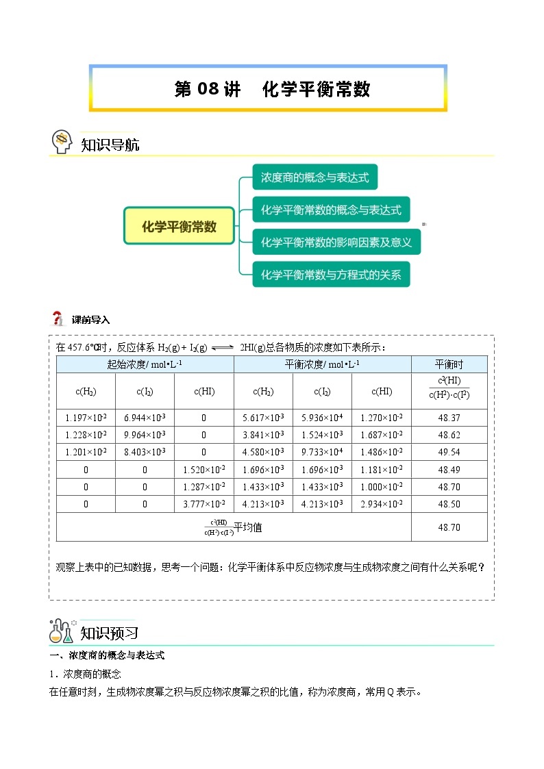 【暑假提升】人教版2019化学高一（升高二）暑假预习-（选修1）第08讲 化学平衡常数  讲学案01