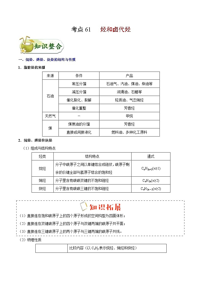 高考化学一轮复习考点过关练习考点61 烃和卤代烃(含解析)01