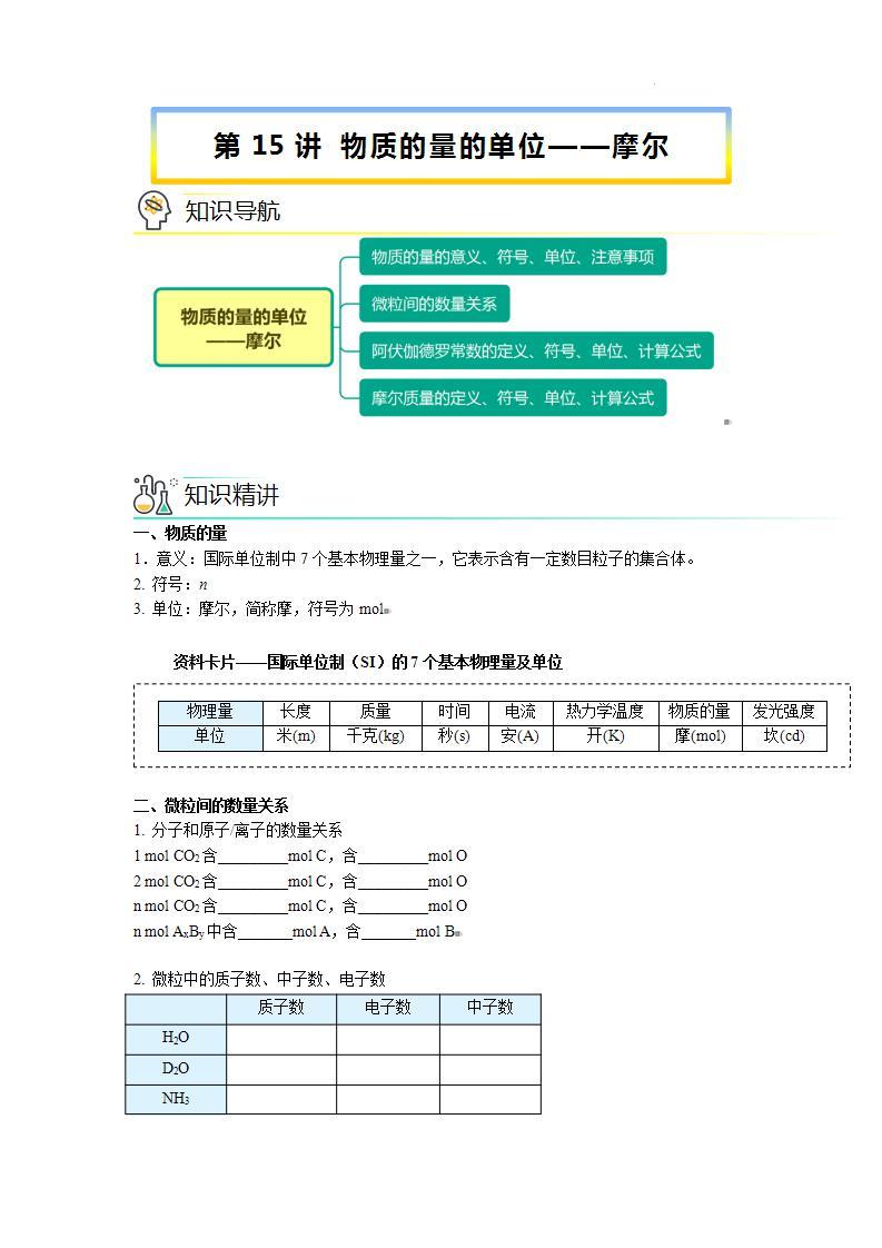 【人教版】化学必修一第15讲 《物质的量》（物质的量的单位——摩尔）课件+内嵌视频+讲义01