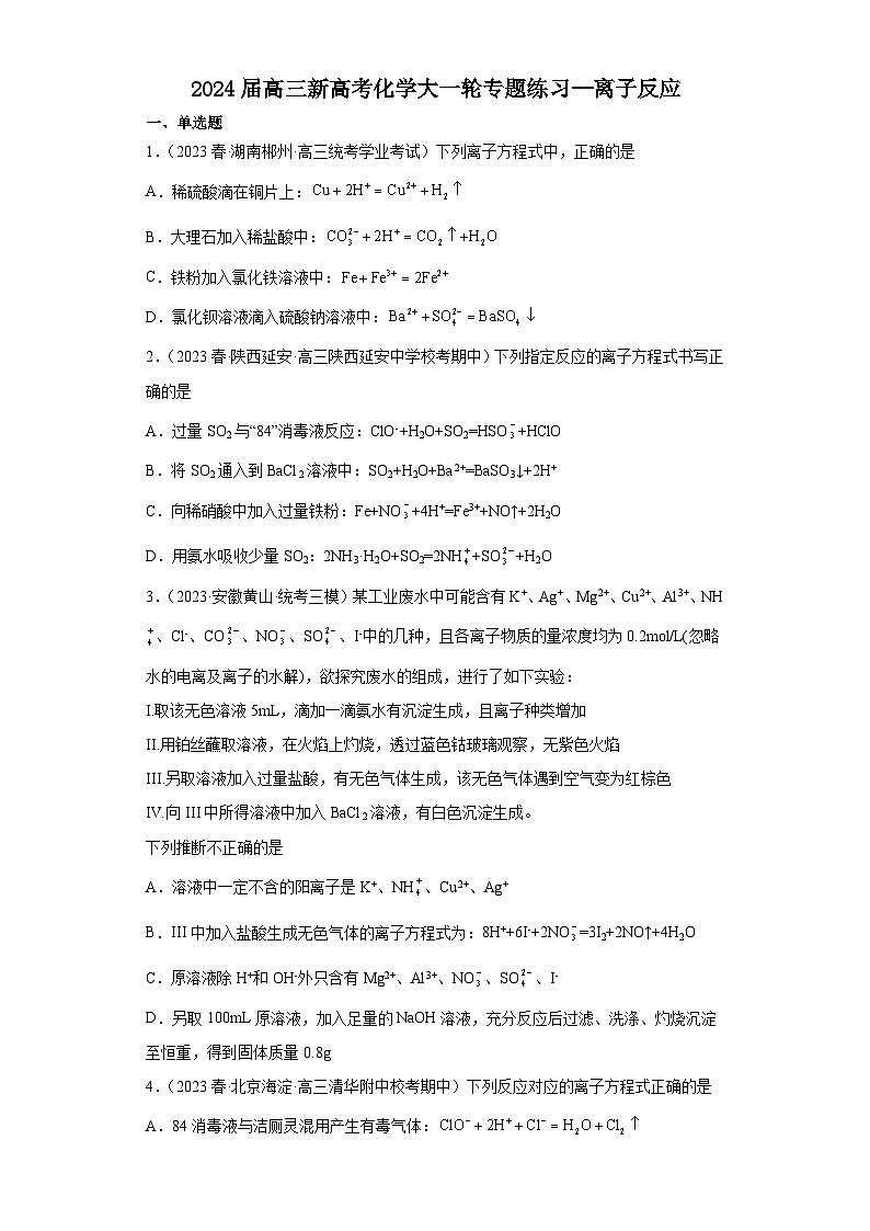 2024届高三新高考化学大一轮专题练习--离子反应第1页