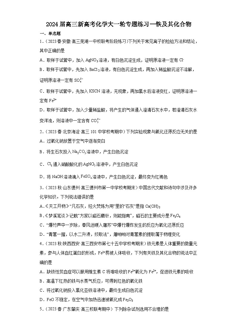 2024届高三新高考化学大一轮专题练习--铁及其化合物第1页