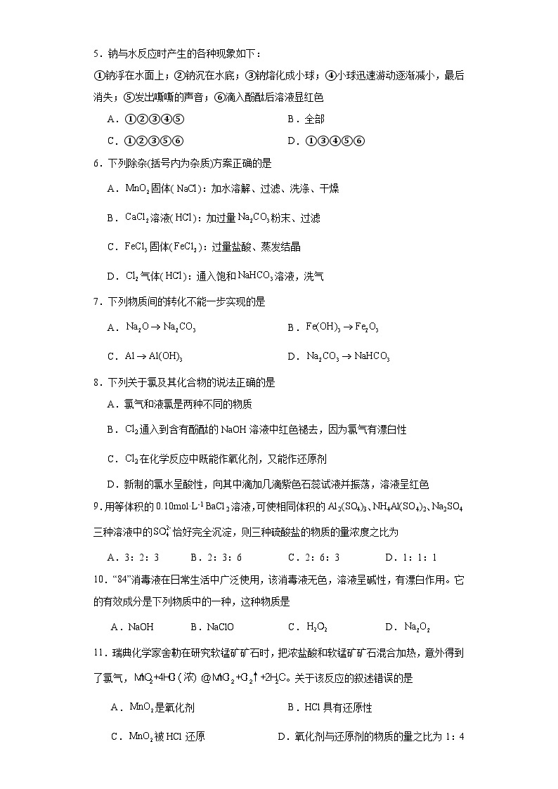 第二章海水中的重要元素------钠和氯 测试题 2023-2024学年高一上学期化学人教版（2019）必修第一册02