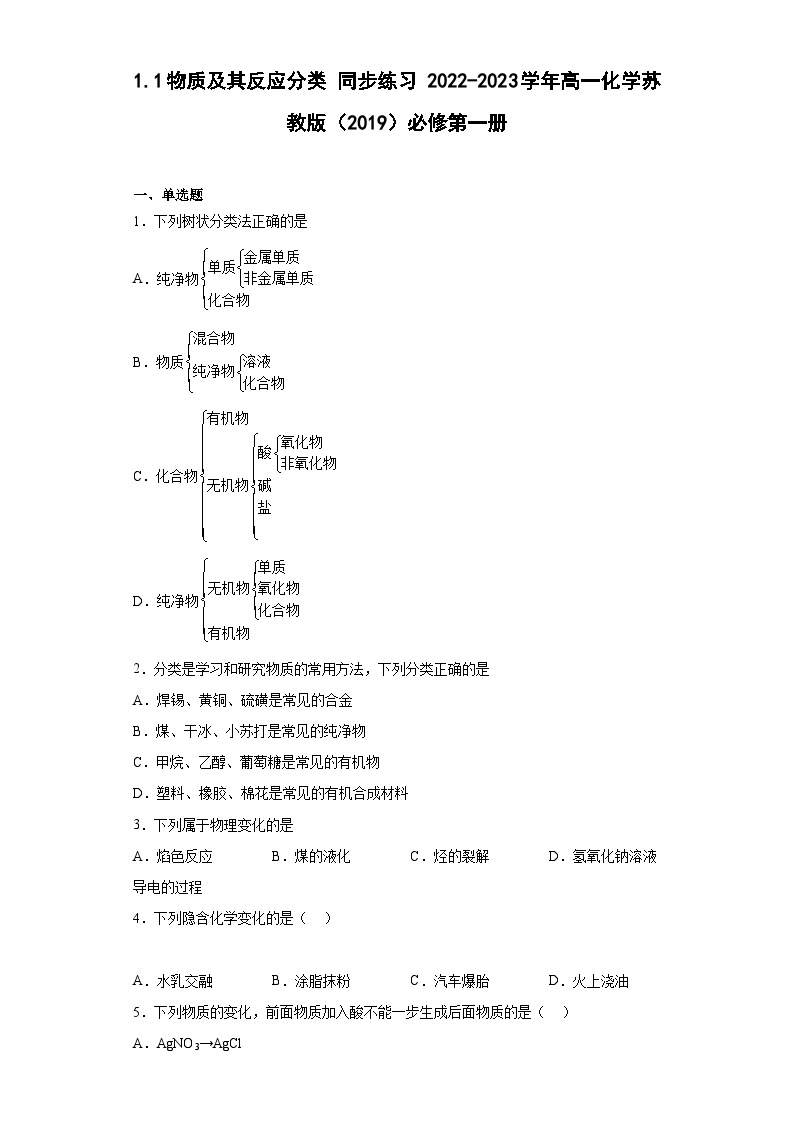 苏教版2019 高中化学 必修一 1.1物质及其反应的分类  同步练习(含解析)01