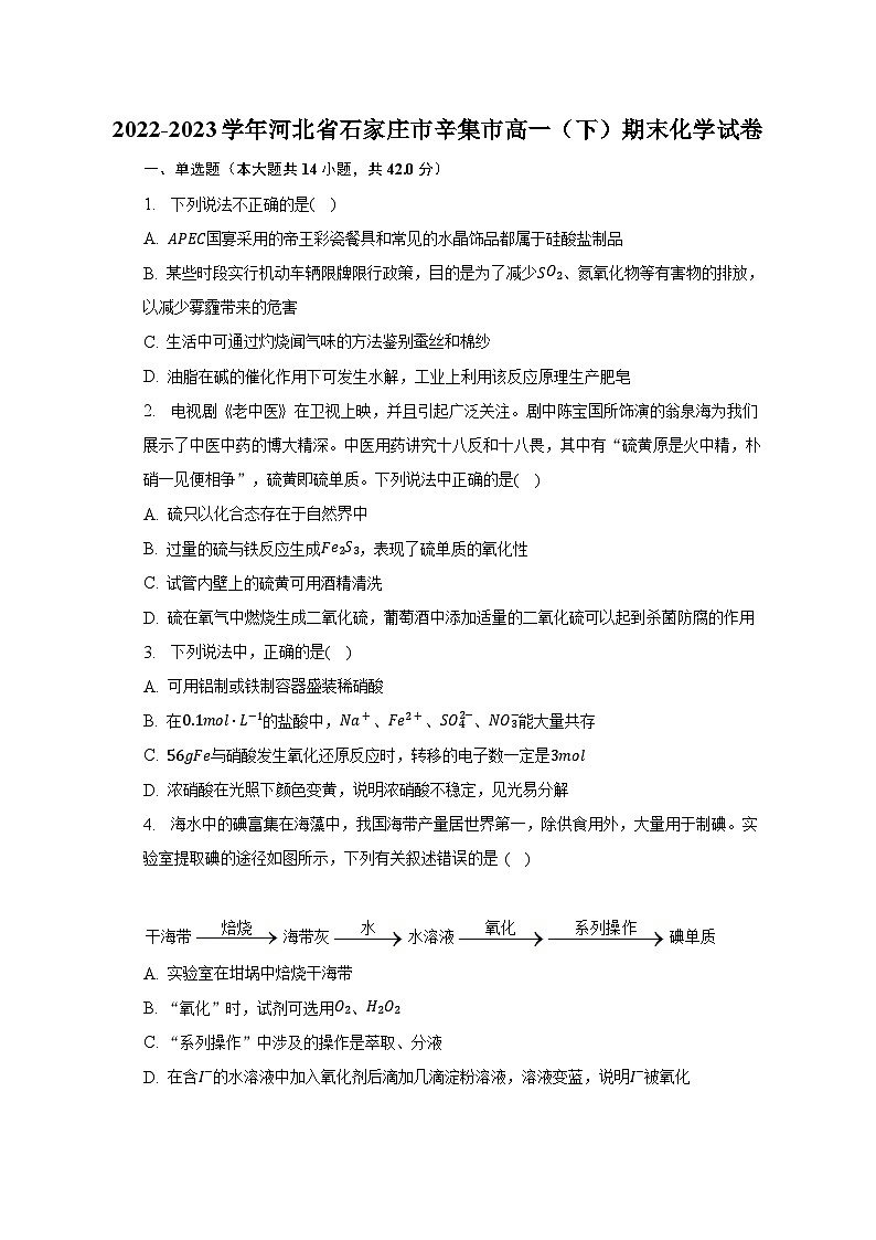 2022-2023学年河北省石家庄市辛集市高一(下)期末化学试卷(含解析)第1页