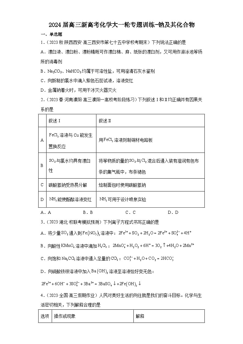 2024届高三新高考化学大一轮专题训练-钠及其化合物第1页