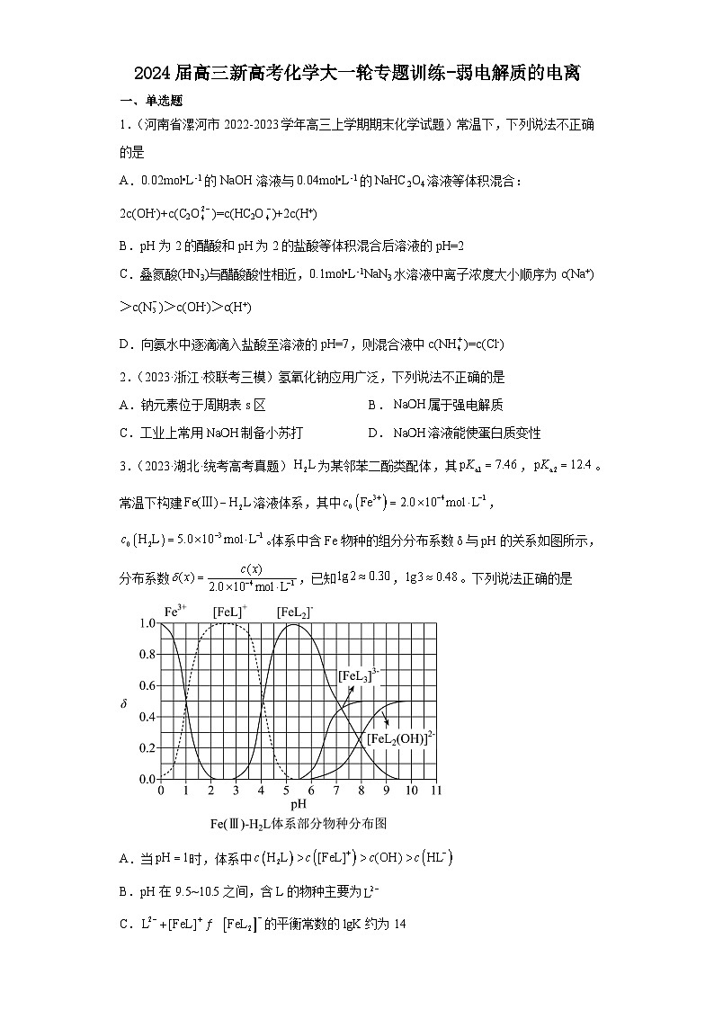 2024届高三新高考化学大一轮专题训练-弱电解质的电离第1页