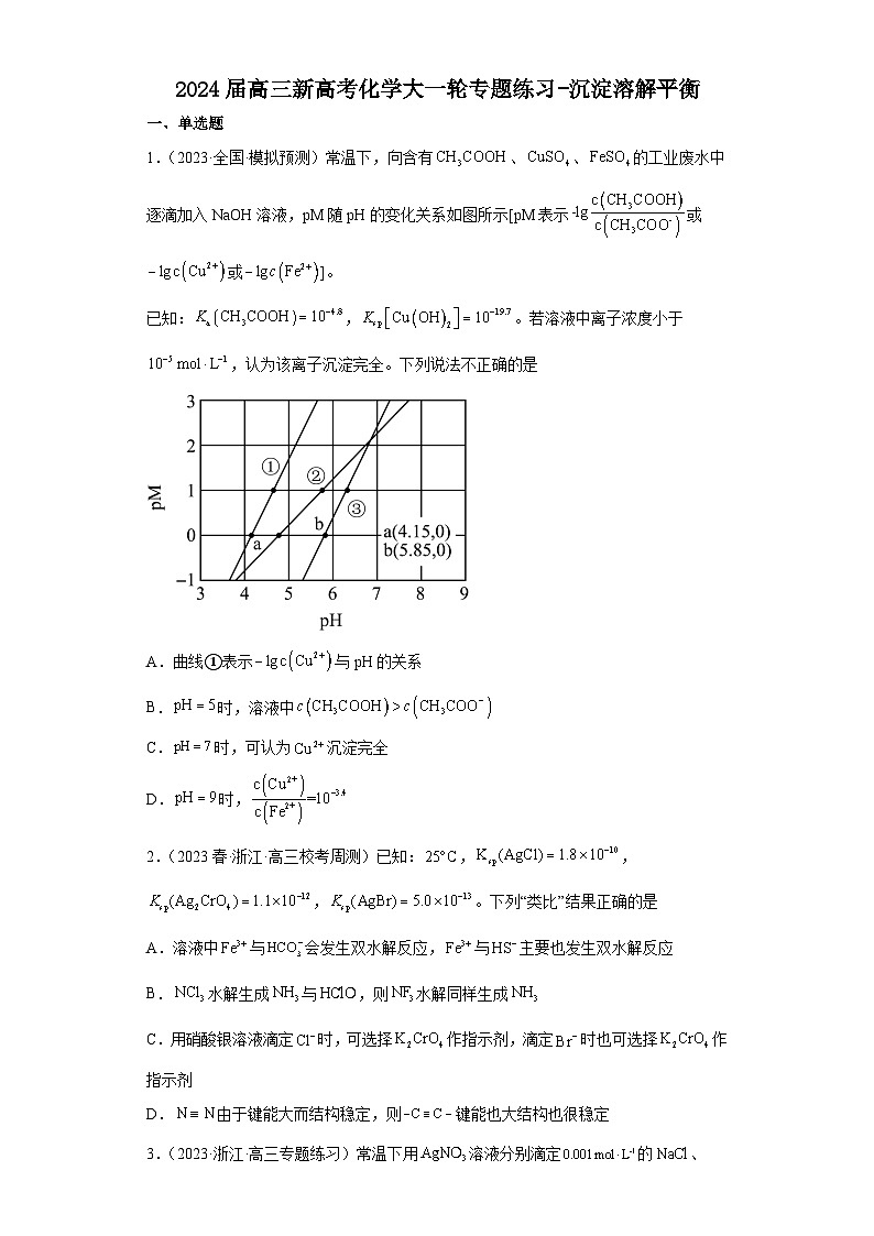 2024届高三新高考化学大一轮专题练习-沉淀溶解平衡第1页